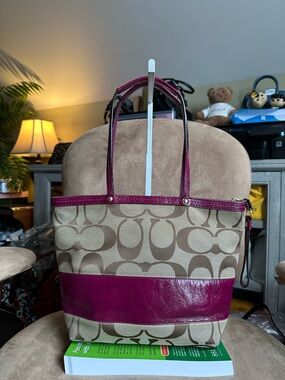 Coach Signature Canvas Tote Brown with Magenta Leather Accents Good Condition
